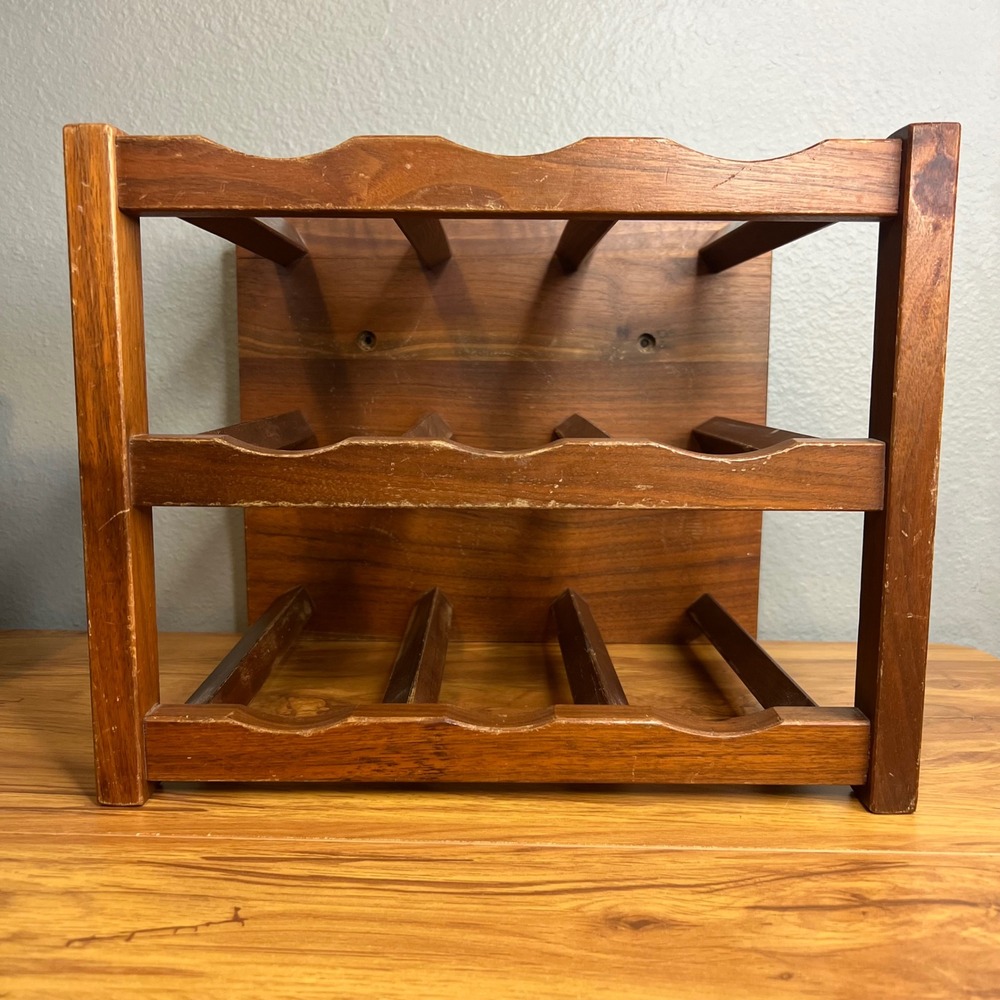 Vintage Vermillion Real Walnut Wine Rack Brown Wood 9 Bottle MCM USA Barware